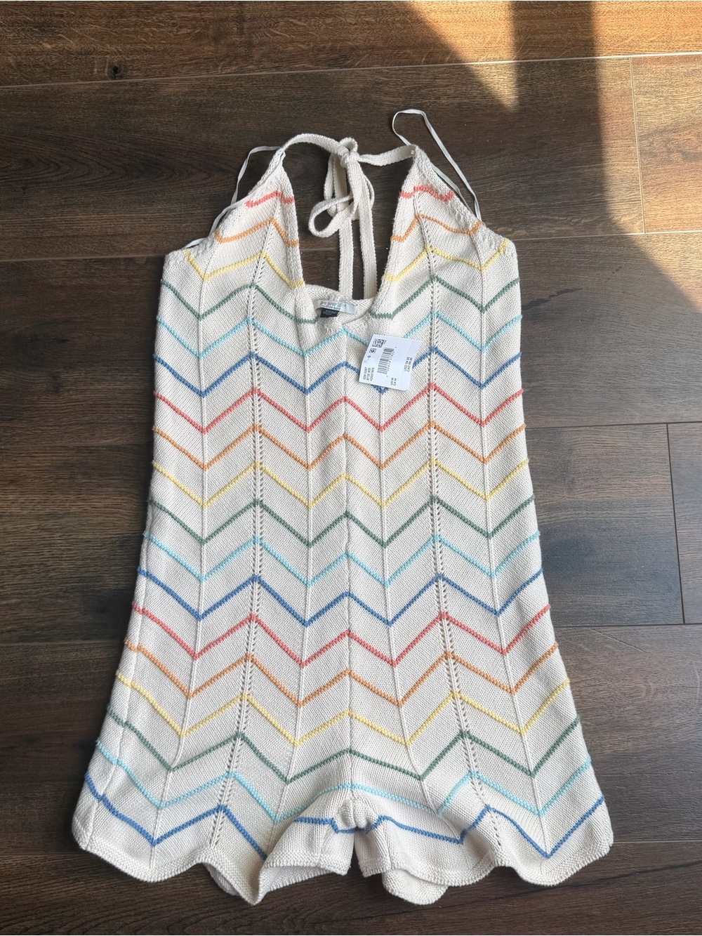 American Eagle Outfitters Cream Knit Halter Romper with Rainbow Chevron Stripes